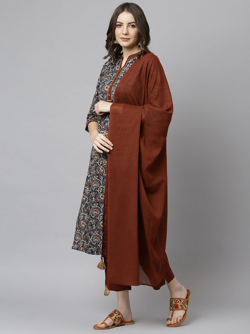 Janasya Women's Teal Blue Cotton Floral Print Kurta With Pant And Dupatta