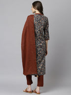 Janasya Women's Teal Blue Cotton Floral Print Kurta With Pant And Dupatta