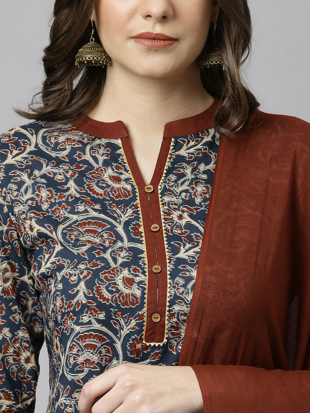 Janasya Women's Teal Blue Cotton Floral Print Kurta With Pant And Dupatta