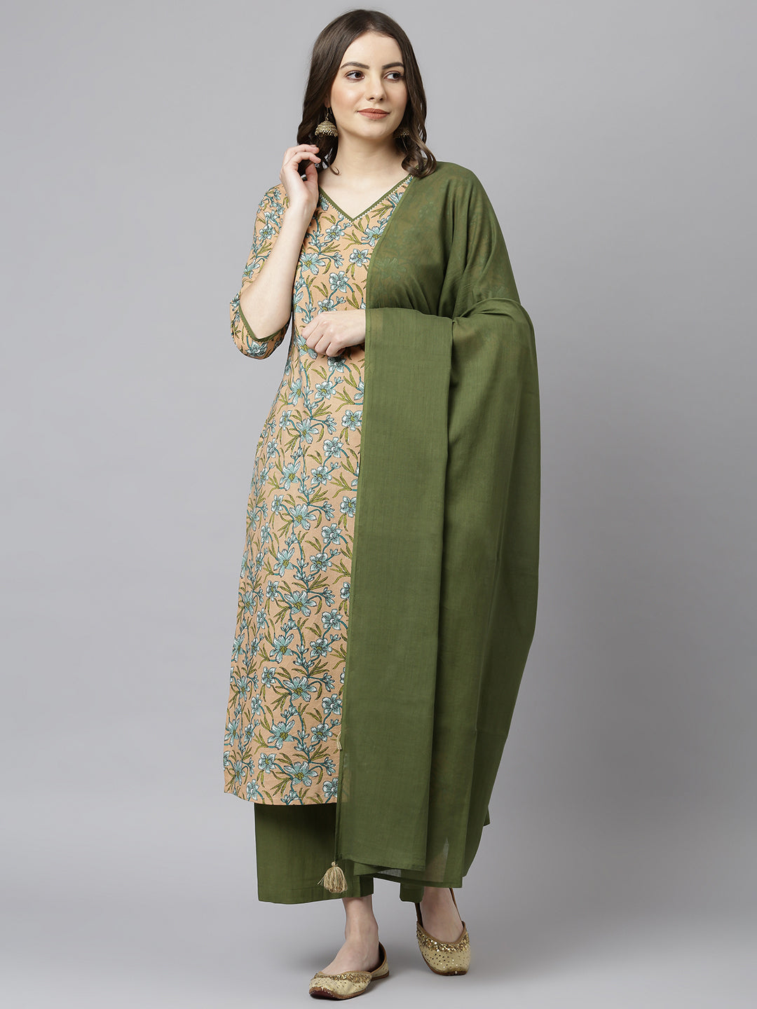 Janasya Women's Peach Cotton Floral Print Kurta With Palazzo And Dupatta - Distacart