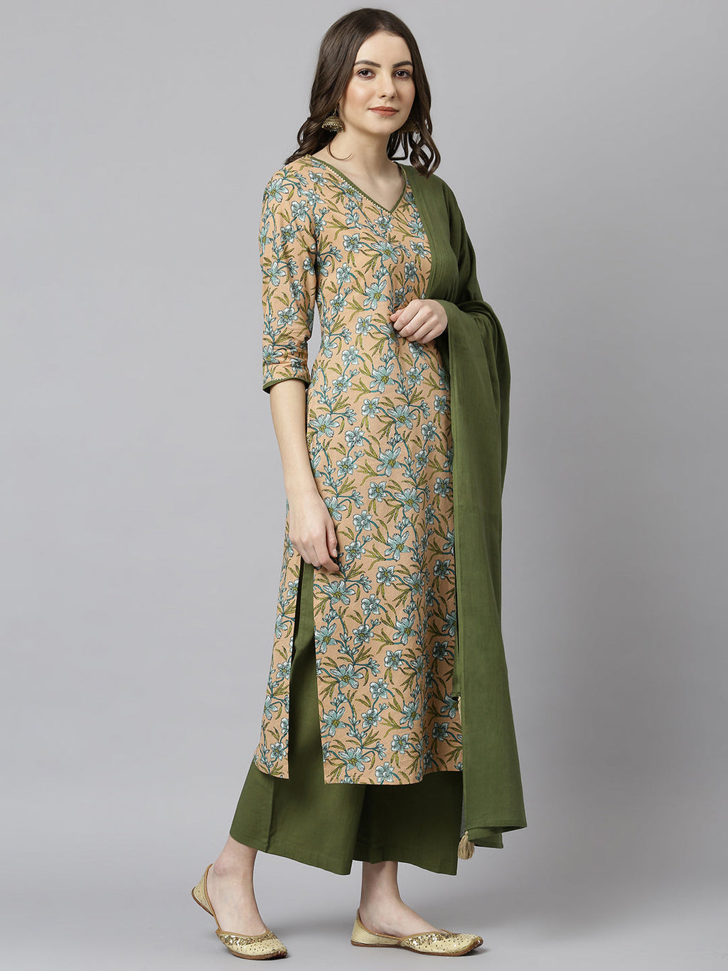 Janasya Women's Peach Cotton Floral Print Kurta With Palazzo And Dupatta - Distacart