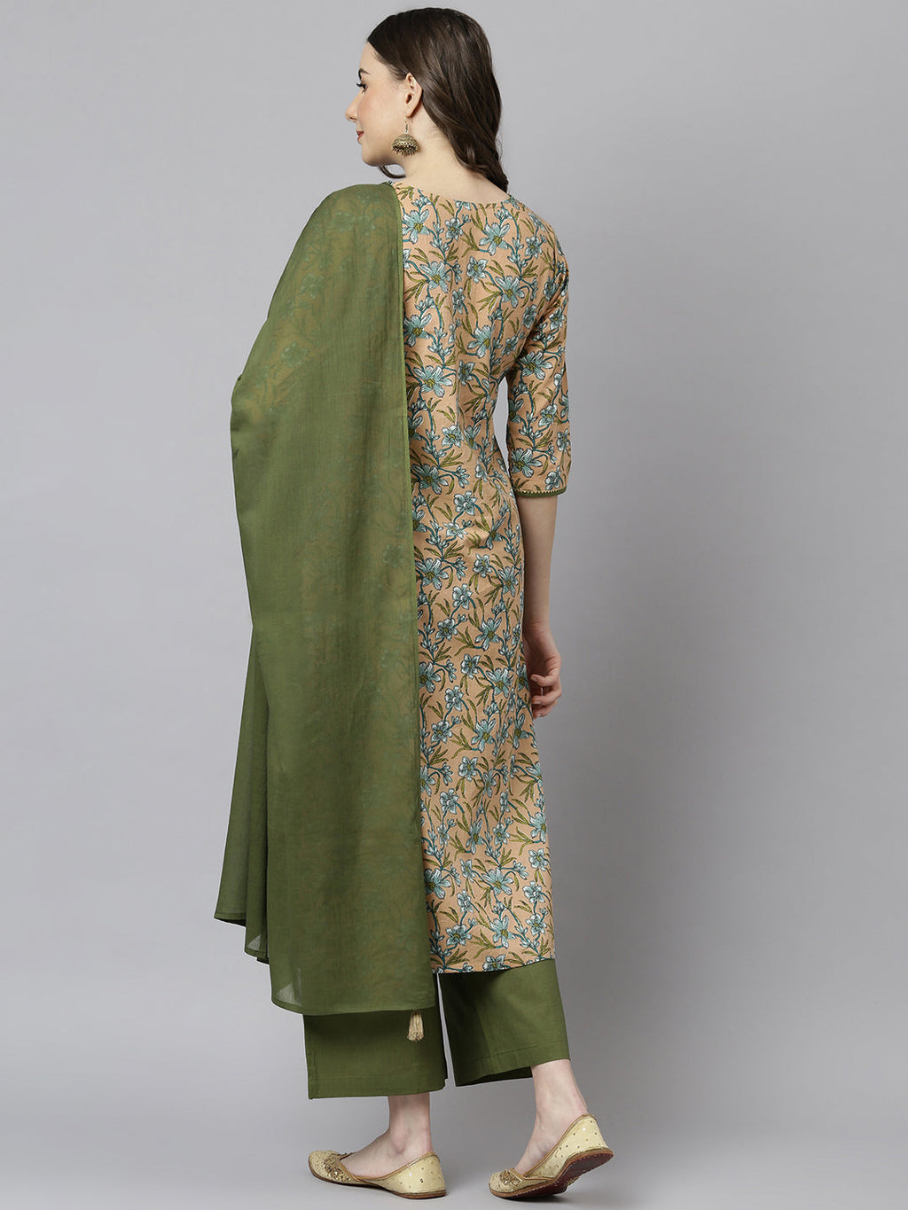 Janasya Women's Peach Cotton Floral Print Kurta With Palazzo And Dupatta - Distacart