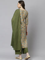Janasya Women's Peach Cotton Floral Print Kurta With Palazzo And Dupatta - Distacart