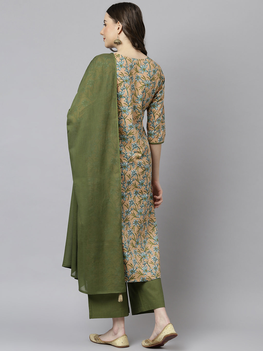 Janasya Women's Peach Cotton Floral Print Kurta With Palazzo And Dupatta - Distacart