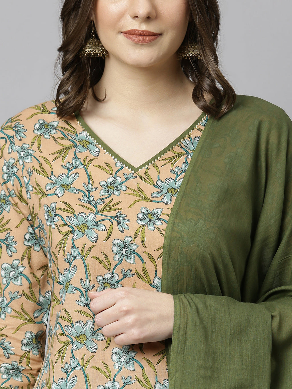 Janasya Women's Peach Cotton Floral Print Kurta With Palazzo And Dupatta - Distacart