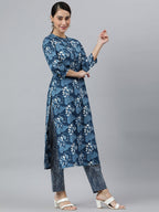 Janasya Women's Blue Cotton Block Print Kurta With Pant And Dupatta - Distacart