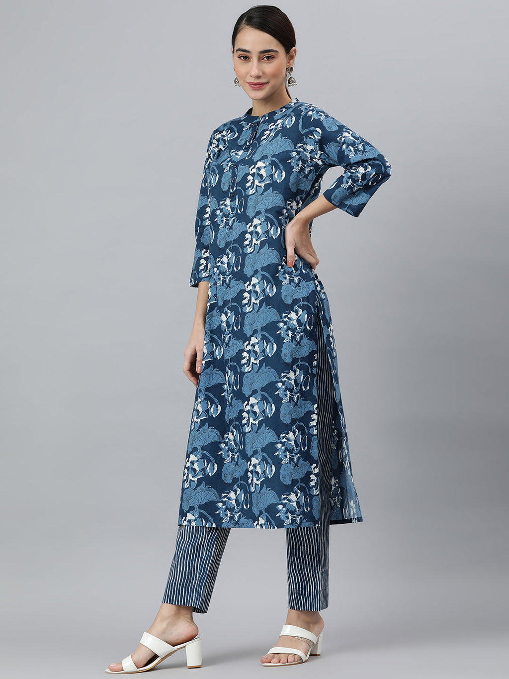Janasya Women's Blue Cotton Block Print Kurta With Pant And Dupatta - Distacart