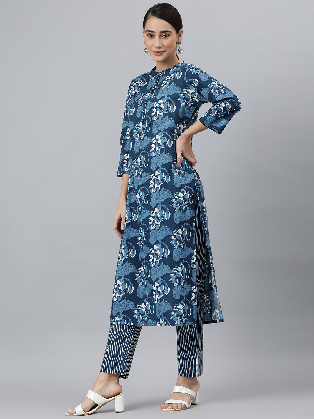 Janasya Women's Blue Cotton Block Print Kurta With Pant And Dupatta - Distacart