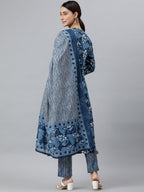 Janasya Women's Blue Cotton Block Print Kurta With Pant And Dupatta - Distacart