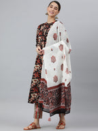 Janasya Women's Black Cotton Botanical Print Kurta With Pant And Dupatta - Distacart