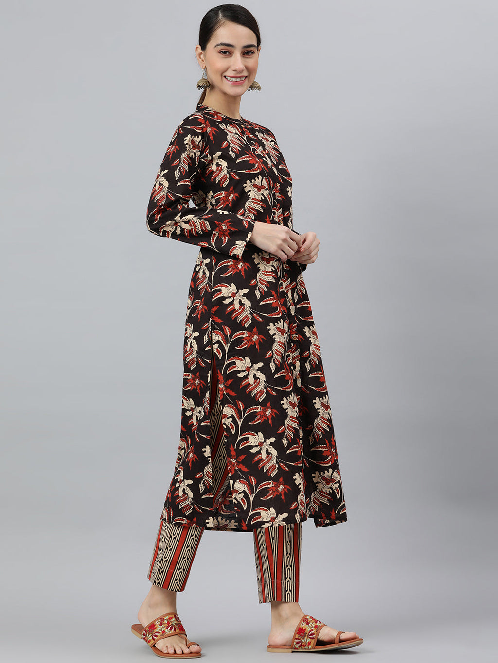 Janasya Women's Black Cotton Botanical Print Kurta With Pant And Dupatta - Distacart