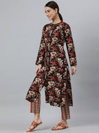 Janasya Women's Black Cotton Botanical Print Kurta With Pant And Dupatta - Distacart