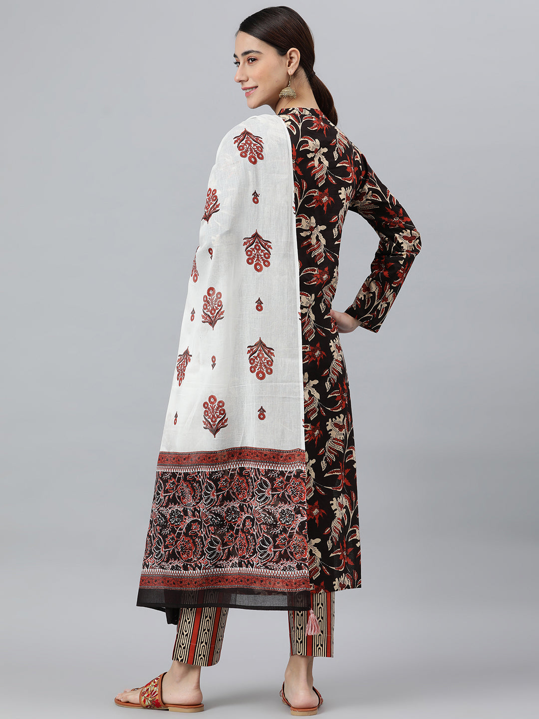 Janasya Women's Black Cotton Botanical Print Kurta With Pant And Dupatta - Distacart