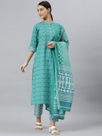 Janasya Women's Sea Green Cotton Block Print Kurta With Pant And Dupatta - Distacart