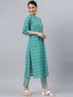 Janasya Women's Sea Green Cotton Block Print Kurta With Pant And Dupatta - Distacart