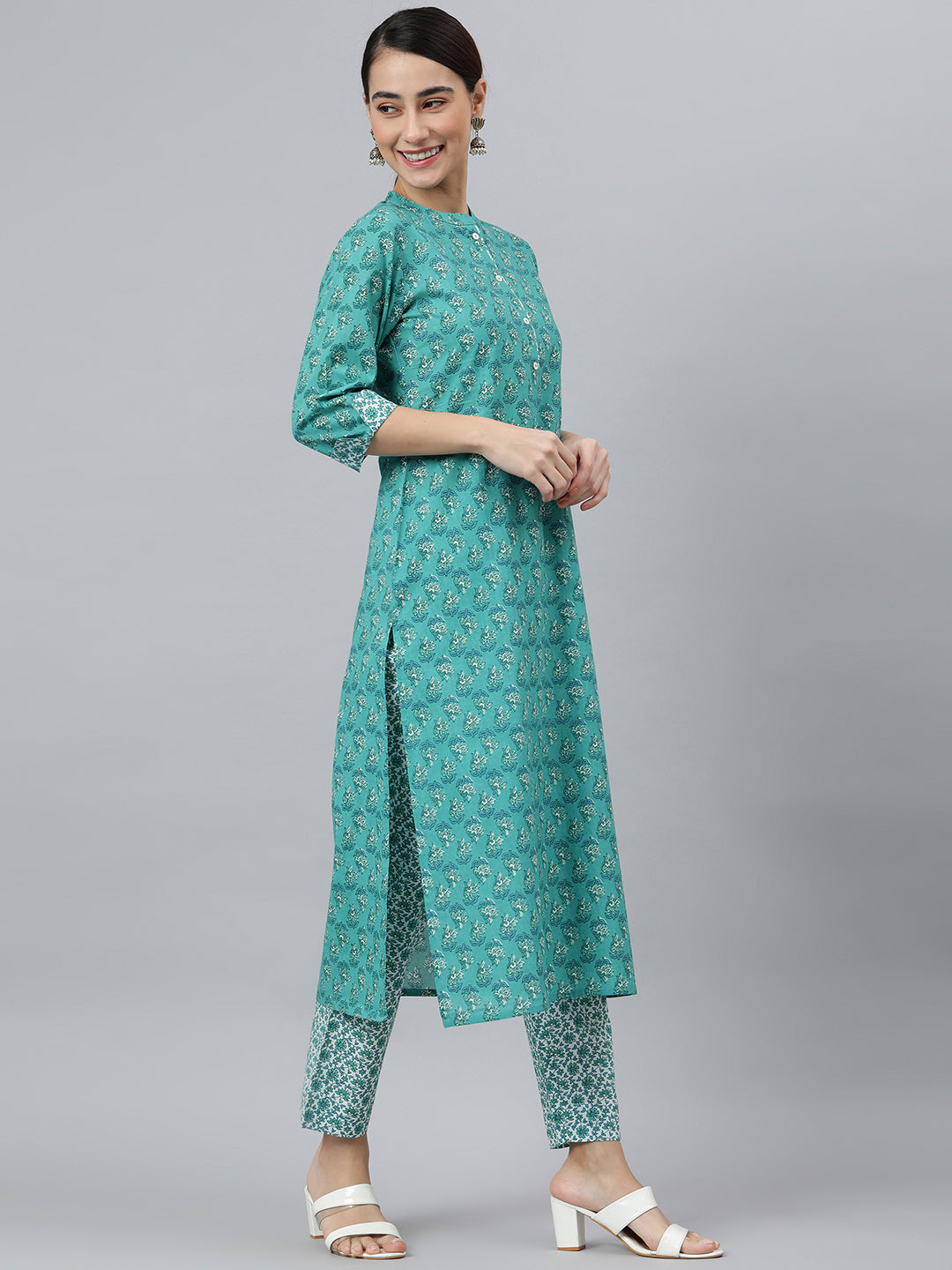 Janasya Women's Sea Green Cotton Block Print Kurta With Pant And Dupatta - Distacart