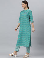Janasya Women's Sea Green Cotton Block Print Kurta With Pant And Dupatta - Distacart
