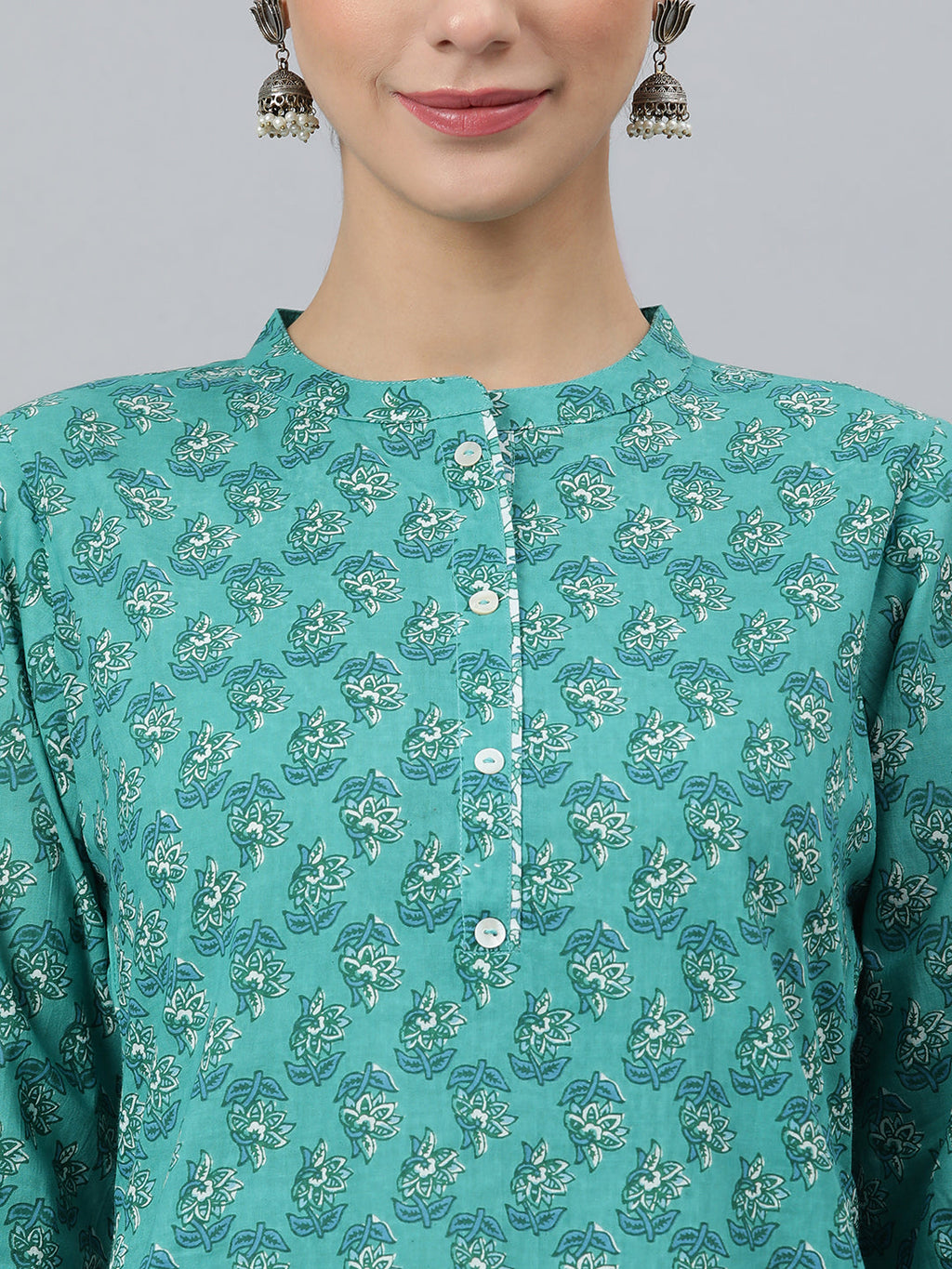 Janasya Women's Sea Green Cotton Block Print Kurta With Pant And Dupatta - Distacart