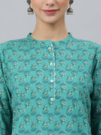 Janasya Women's Sea Green Cotton Block Print Kurta With Pant And Dupatta - Distacart