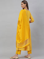 Janasya Women's Yellow Cotton Bandhej Kurta With Pant And Dupatta - Distacart