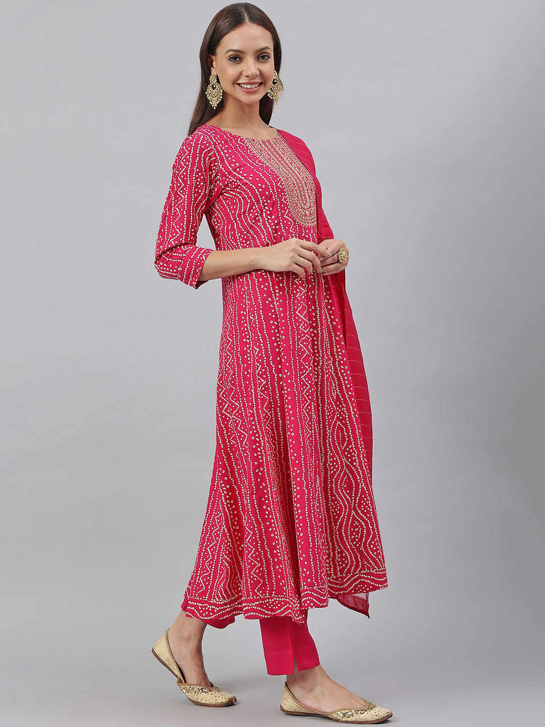 Janasya Women's Pink Rayon Bandhani Kurta With Pant And Dupatta - Distacart