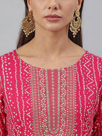 Janasya Women's Pink Rayon Bandhani Kurta With Pant And Dupatta - Distacart