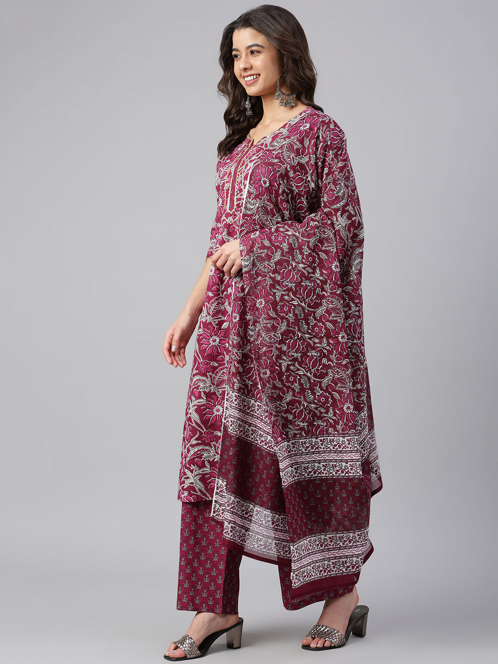 Janasya Women's Wine Cotton Floral Print Kurta With Palazzo And Dupatta - Distacart