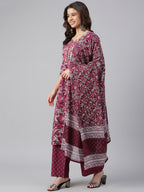 Janasya Women's Wine Cotton Floral Print Kurta With Palazzo And Dupatta - Distacart