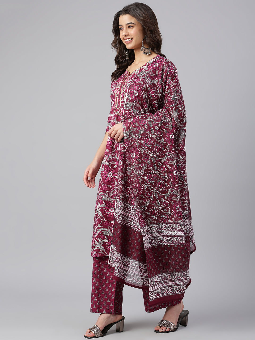 Janasya Women's Wine Cotton Floral Print Kurta With Palazzo And Dupatta - Distacart