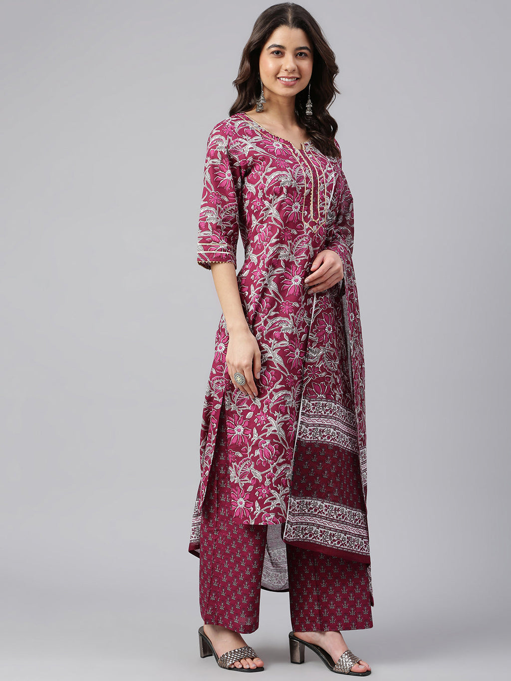 Janasya Women's Wine Cotton Floral Print Kurta With Palazzo And Dupatta - Distacart