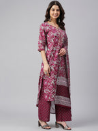 Janasya Women's Wine Cotton Floral Print Kurta With Palazzo And Dupatta - Distacart