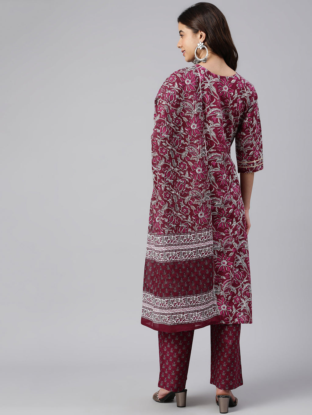Janasya Women's Wine Cotton Floral Print Kurta With Palazzo And Dupatta - Distacart