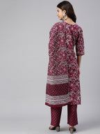 Janasya Women's Wine Cotton Floral Print Kurta With Palazzo And Dupatta - Distacart