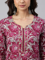 Janasya Women's Wine Cotton Floral Print Kurta With Palazzo And Dupatta - Distacart