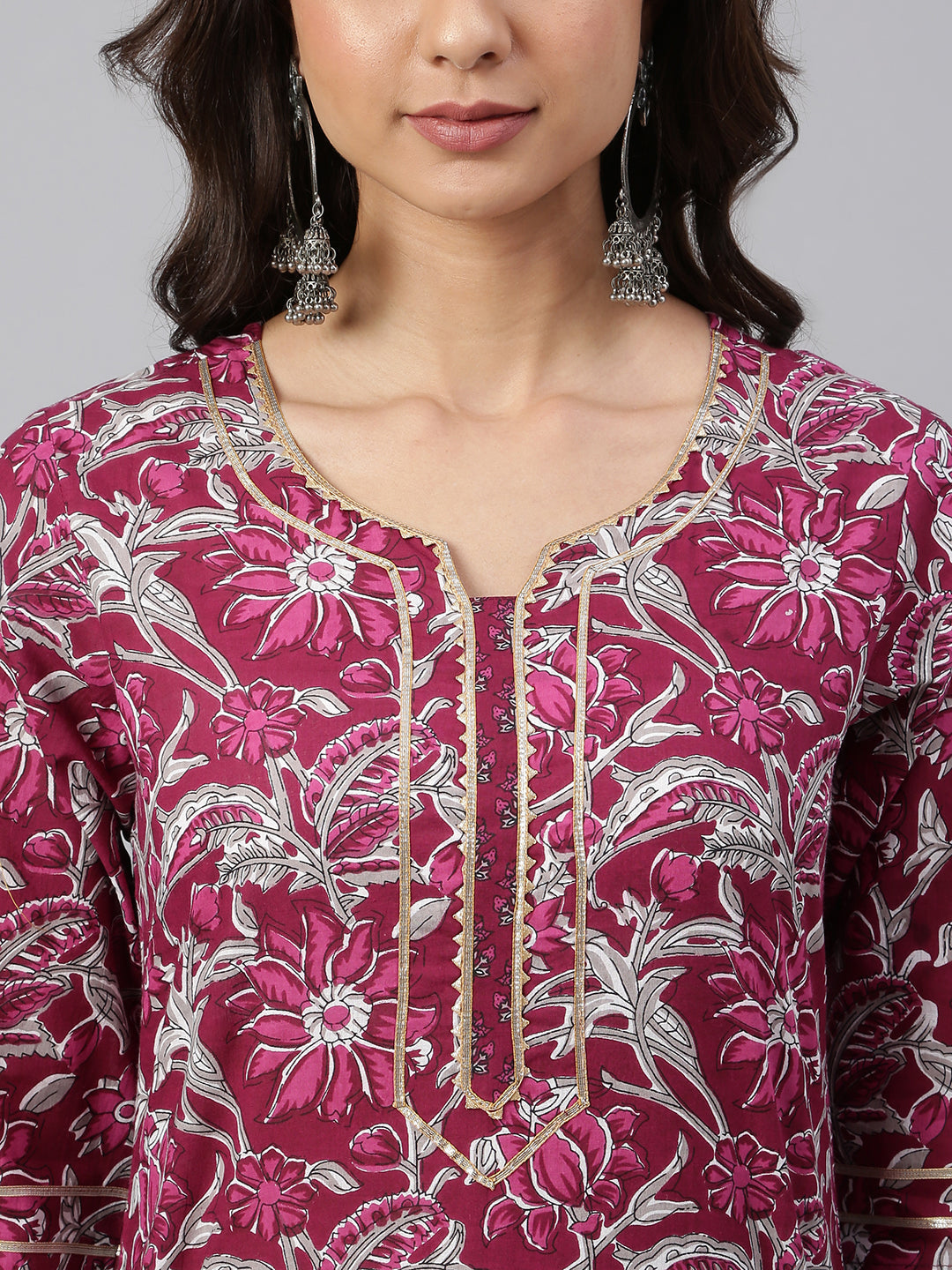 Janasya Women's Wine Cotton Floral Print Kurta With Palazzo And Dupatta - Distacart