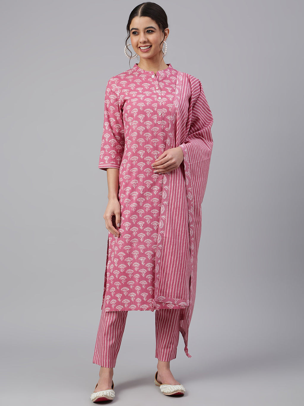 Janasya Women's Mauve Cotton Floral Print Kurta With Pant And Dupatta - Distacart