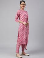 Janasya Women's Mauve Cotton Floral Print Kurta With Pant And Dupatta - Distacart