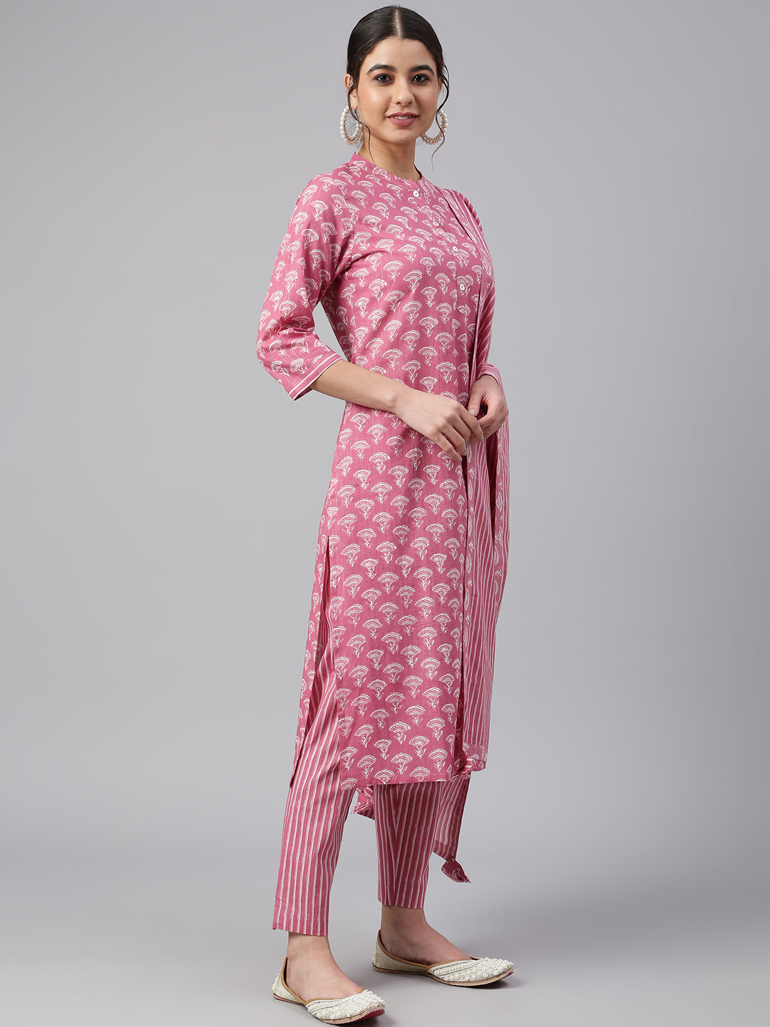 Janasya Women's Mauve Cotton Floral Print Kurta With Pant And Dupatta - Distacart