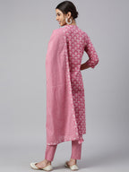 Janasya Women's Mauve Cotton Floral Print Kurta With Pant And Dupatta - Distacart