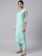 Janasya Women's Sea Green Organza Floral Print Kurta With Pant - Distacart