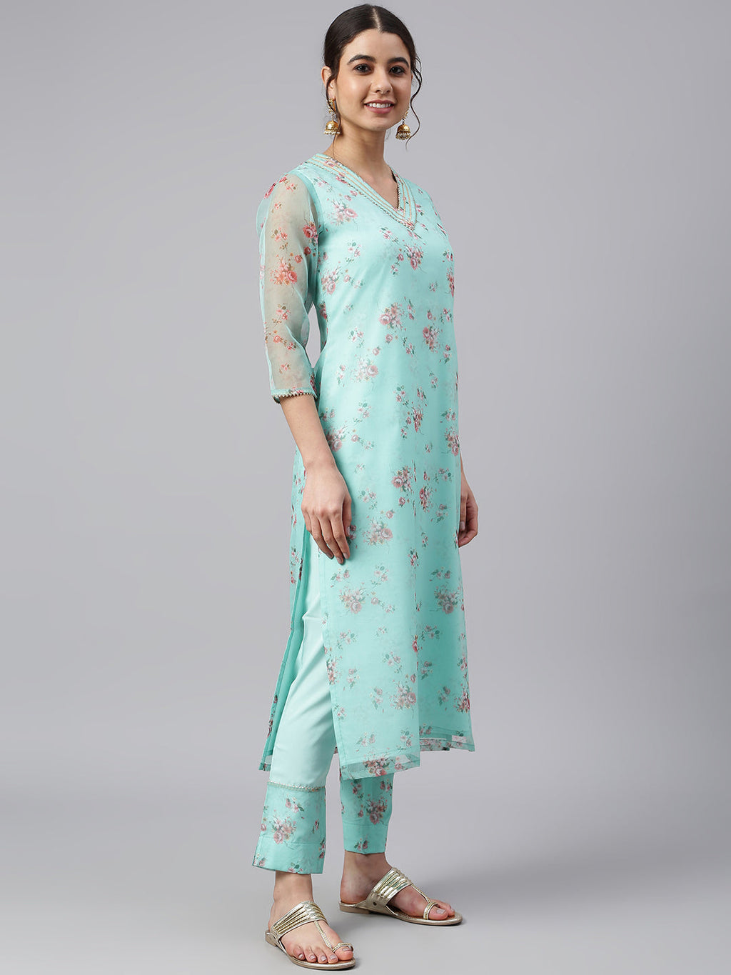 Janasya Women's Sea Green Organza Floral Print Kurta With Pant - Distacart