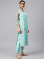 Janasya Women's Sea Green Organza Floral Print Kurta With Pant - Distacart