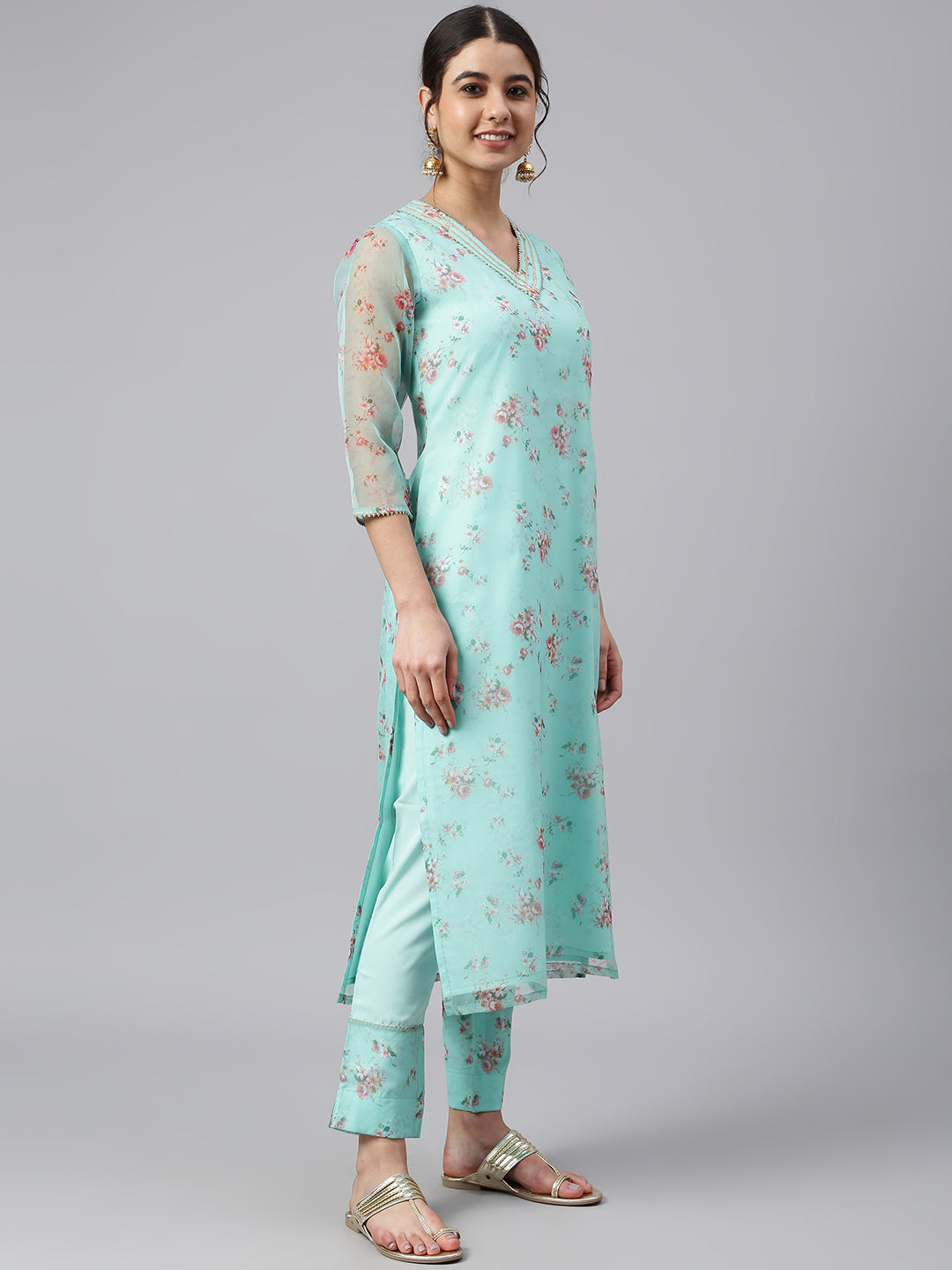 Janasya Women's Sea Green Organza Floral Print Kurta With Pant - Distacart