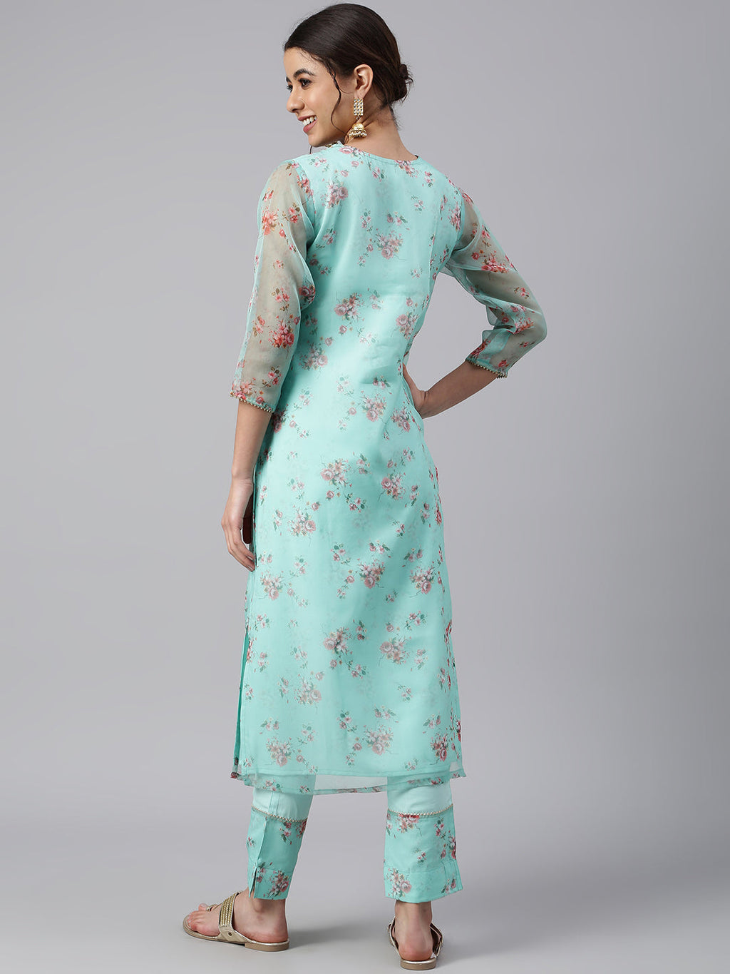 Janasya Women's Sea Green Organza Floral Print Kurta With Pant - Distacart