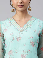 Janasya Women's Sea Green Organza Floral Print Kurta With Pant - Distacart