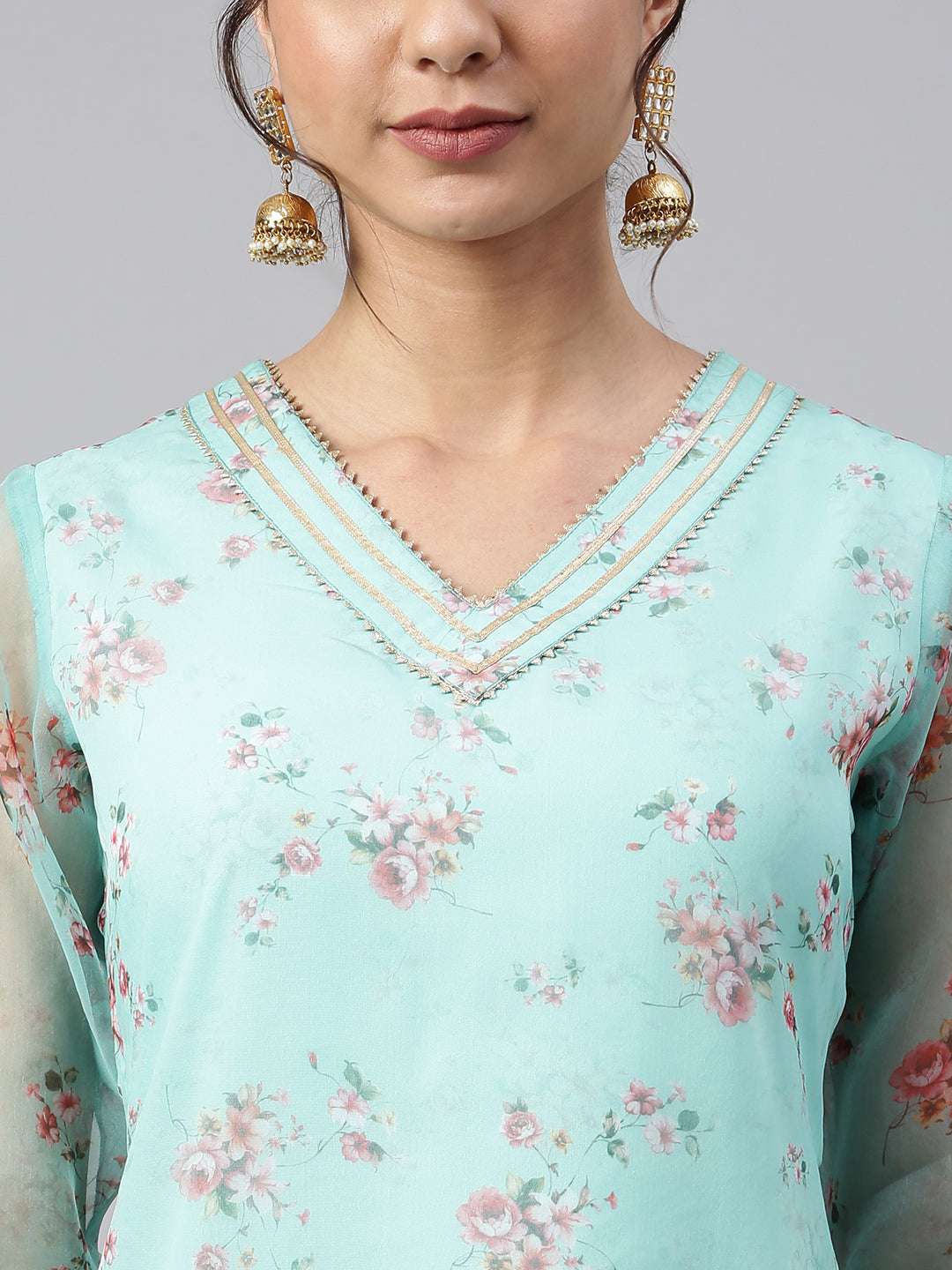 Janasya Women's Sea Green Organza Floral Print Kurta With Pant - Distacart