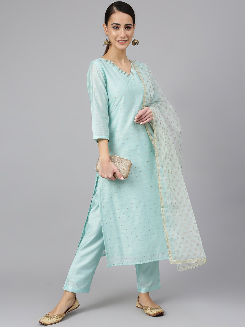 Janasya Women's Sea Green Chanderi Silk Embellished Kurta With Pant And Dupatta - Distacart