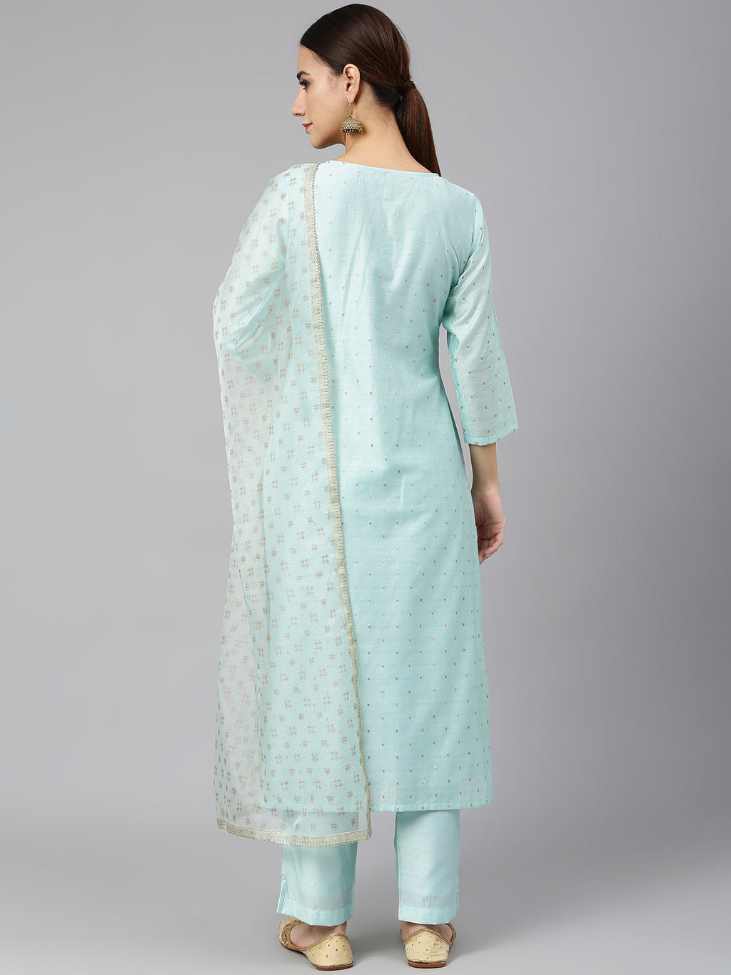 Janasya Women's Sea Green Chanderi Silk Embellished Kurta With Pant And Dupatta - Distacart