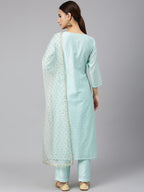 Janasya Women's Sea Green Chanderi Silk Embellished Kurta With Pant And Dupatta - Distacart