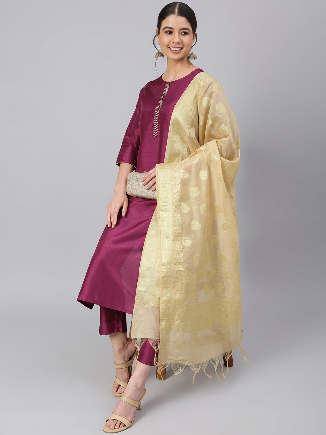 Janasya Women's Wine Poly Silk Embellished Kurta With Pant And Dupatta - Distacart